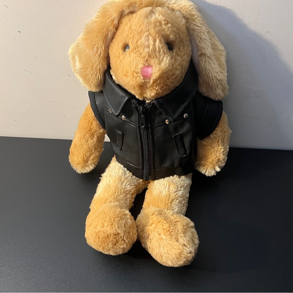 Charming Tan Stuffed Bunny with Black Jacket